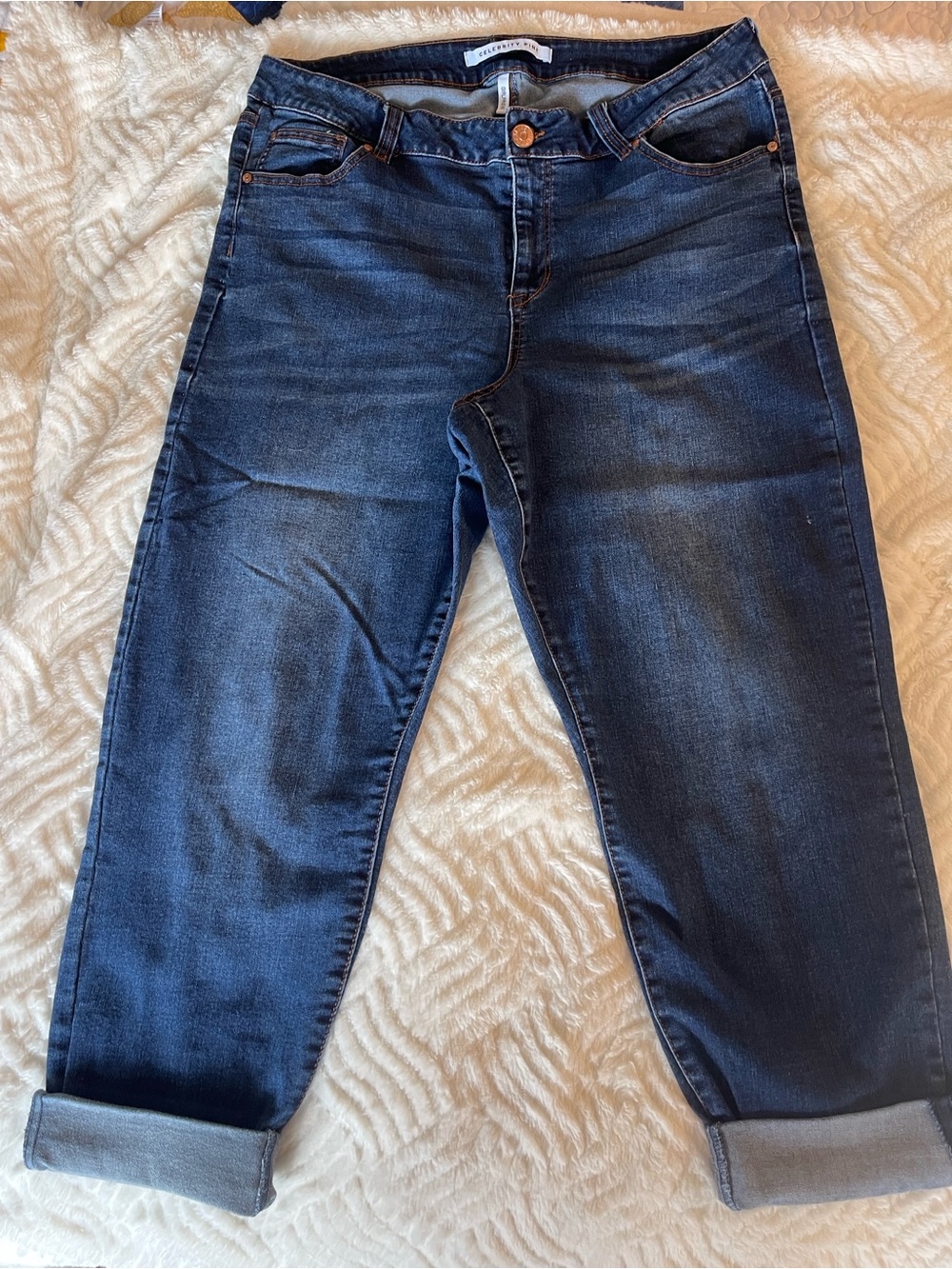 Celebrity Pink Dark Indigo Cropped Girlfriend Jeans with Rolled Hems